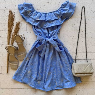 Dondoca_com_br Vestido Ciganinha Bordado Lurex Com Amarracao Fixa Azul