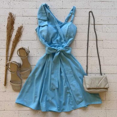 Dondoca_com_br Vestido Detalhado Laco No Ombro E Amarracao Fixa Azul