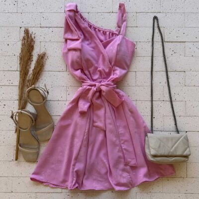 Dondoca_com_br Vestido Detalhado Laco No Ombro E Amarracao Fixa Rosa