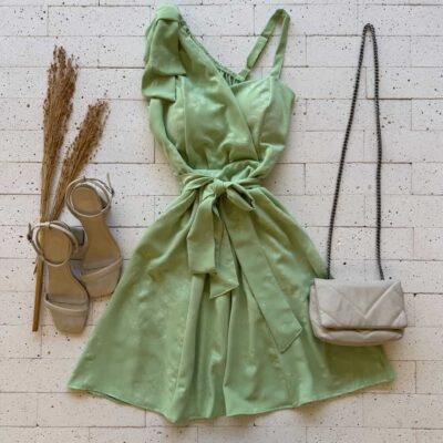 Dondoca_com_br Vestido Detalhado Laco No Ombro E Amarracao Fixa Verde