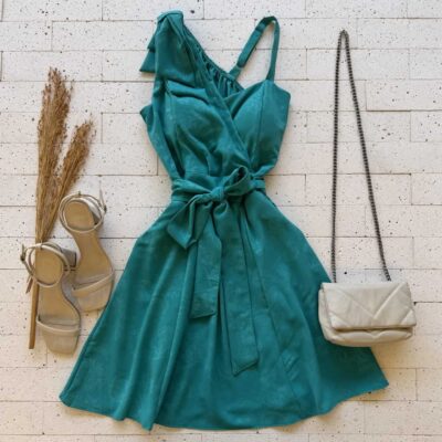 Dondoca_com_br Vestido Detalhado Laco No Ombro E Amarracao Fixa Verde Escuro