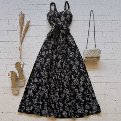 Dondoca_com_br Vestido Longo Bordado Alcinha E Amarracao Fixa Preto