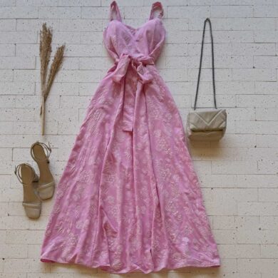 Dondoca_com_br Vestido Longo Bordado Alcinha E Amarracao Fixa Rosa