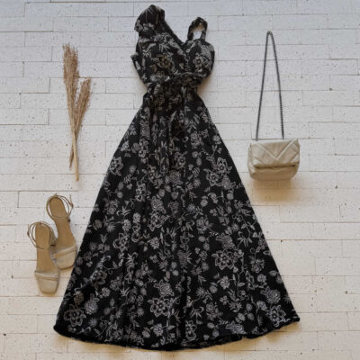 Dondoca_com_br Vestido Longo Bordado Laco No Ombro E Amarracao Fixa Preto