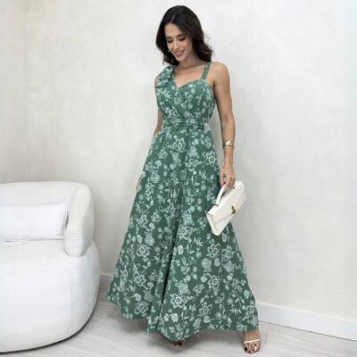 Dondoca_com_br Vestido Longo Bordado Laco No Ombro E Amarracao Fixa Verde