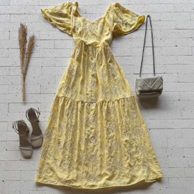 VESTIDO LONGO BORDADO MANGA SOLTINHA AMARELO