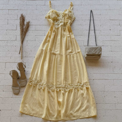 VESTIDO LONGO GOLA V CAMADAS E GRIPIER DETALHADO AMARELO