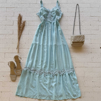 VESTIDO LONGO GOLA V CAMADAS E GRIPIER DETALHADO AZUL