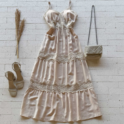 VESTIDO LONGO GOLA V DETALHE CAMADAS EM GRIPIER LUXO BEGE