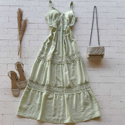 VESTIDO LONGO GOLA V DETALHE CAMADAS EM GRIPIER LUXO VERDE