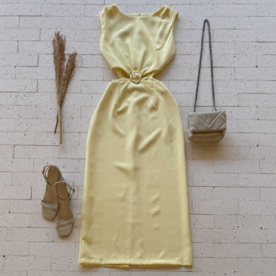 Dondoca_com_br Vestido Longuete Alfaiataria Com Abertura E Fivela Na Cintura Amarelo