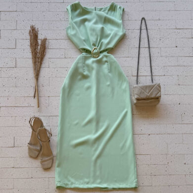 Dondoca_com_br Vestido Longuete Alfaiataria Com Abertura E Fivela Na Cintura Menta