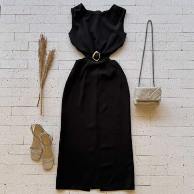 Dondoca_com_br Vestido Longuete Alfaiataria Com Abertura E Fivela Na Cintura Preto