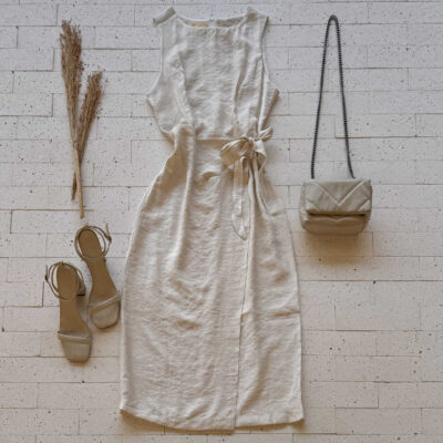 Dondoca_com_br Vestido Midi Detalhe Amarracao Lateral Cru