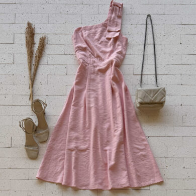 Dondoca_com_br Vestido Midi Marrant Um Ombro So Detalhe Laco Rosa