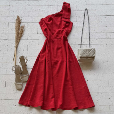 Dondoca_com_br Vestido Midi Marrant Um Ombro So Detalhe Laco Vermelho