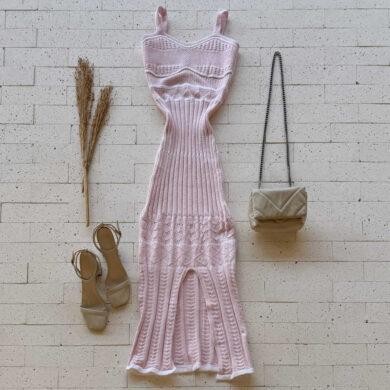 VESTIDO MIDI TRICO REGATA BICOLOR DETALHE FENDA ROSA CLARO