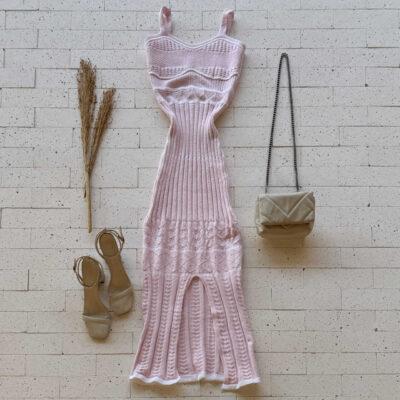 VESTIDO MIDI TRICO REGATA BICOLOR DETALHE FENDA ROSA CLARO