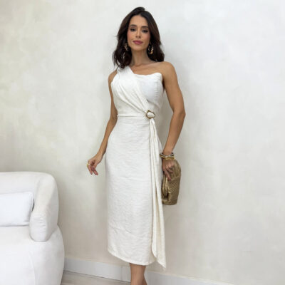 Dondoca_com_br Vestido Midi Um Ombro So Detalhe Fivela Cru