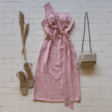 Dondoca_com_br Vestido Midi Um Ombro So Detalhe Fivela Rosa