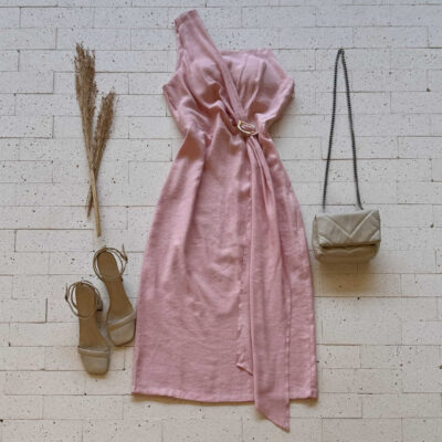 Dondoca_com_br Vestido Midi Um Ombro So Detalhe Fivela Rosa