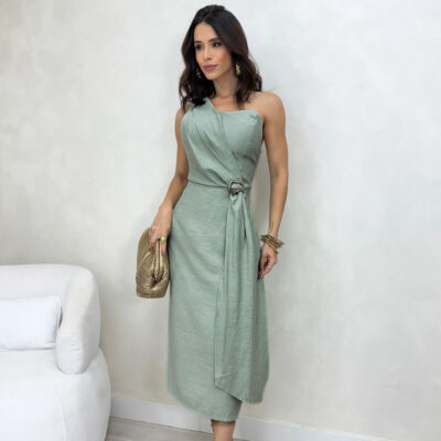 Dondoca_com_br Vestido Midi Um Ombro So Detalhe Fivela Verde