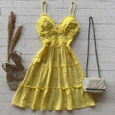 Dondoca_com_br Vestido Tres Marias Detalhe Gripier Frontal Amarelo