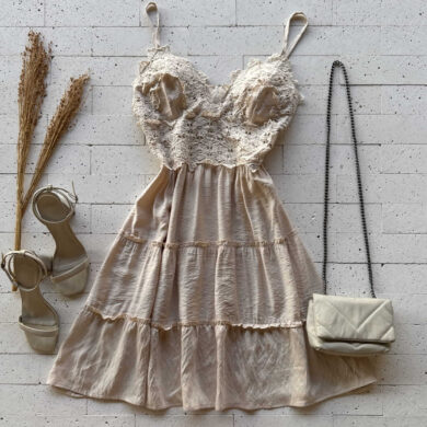 Dondoca_com_br Vestido Tres Marias Detalhe Gripier Frontal Bege