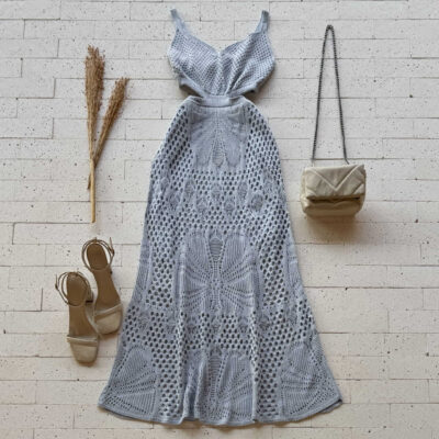 VESTIDO TRICO LONGUETE GOLA V E ABERTURA NA CINTURA AZUL