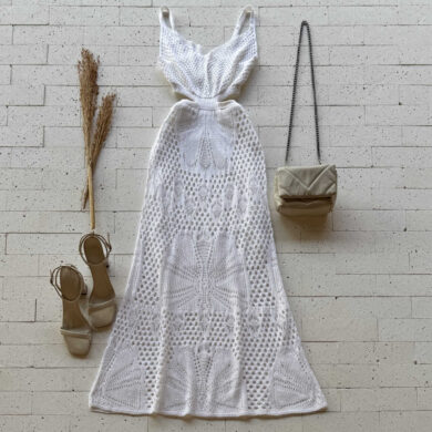 VESTIDO TRICO LONGUETE GOLA V E ABERTURA NA CINTURA OFF