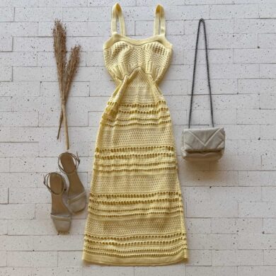 Dondoca_com_br Vestido Trico Midi Detalhado Amarelo