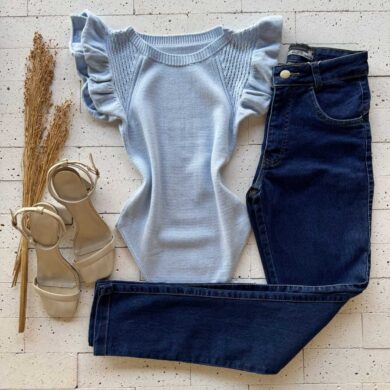 Dondoca_com_br Body Modal Leve Detalhe Manga Babados Azul