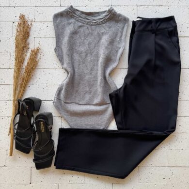 Dondoca_com_br Body Modal Leve Quadrados Detalhados Cinza