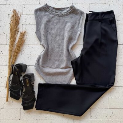 Dondoca_com_br Body Modal Leve Quadrados Detalhados Cinza