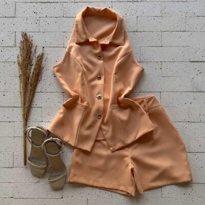 Dondoca_com_br Conjunto Alfaiataria Blusa Golinha E Botoes E Short Laranja