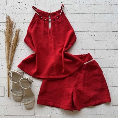 Dondoca_com_br Conjunto Marrant Blusa Detalhe Gola E Short Vermelho