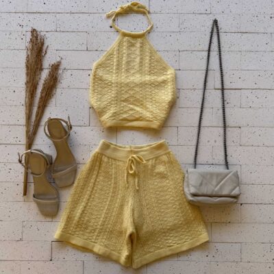 Dondoca_com_br Conjunto Trico Cropped E Short Trama Detalhada Amarelo