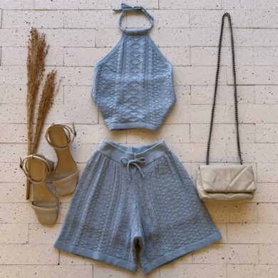 Dondoca_com_br Conjunto Trico Cropped E Short Trama Detalhada Azul