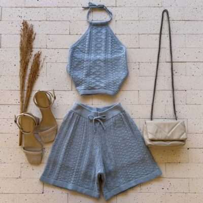 Dondoca_com_br Conjunto Trico Cropped E Short Trama Detalhada Azul