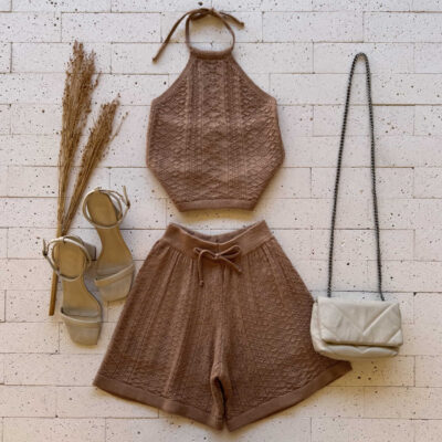 Dondoca_com_br Conjunto Trico Cropped E Short Trama Detalhada Nude