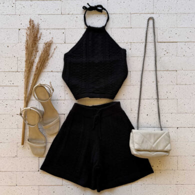 Dondoca_com_br Conjunto Trico Cropped E Short Trama Detalhada Preto