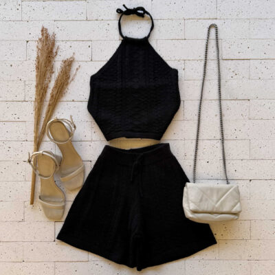 Dondoca_com_br Conjunto Trico Cropped E Short Trama Detalhada Preto