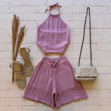 Dondoca_com_br Conjunto Trico Cropped E Short Trama Detalhada Rosa