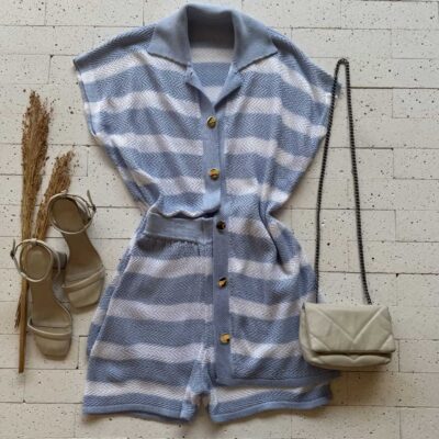 Dondoca_com_br Conjunto Trico Listrado Blusa Alongada E Short Azul