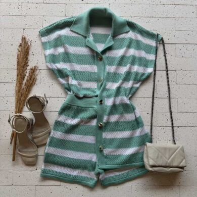 Dondoca_com_br Conjunto Trico Listrado Blusa Alongada E Short Menta