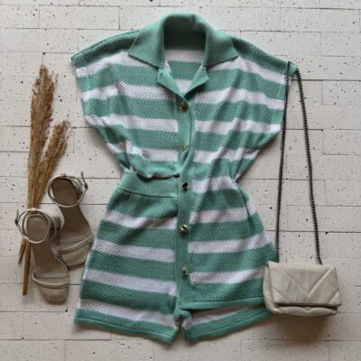 Dondoca_com_br Conjunto Trico Listrado Blusa Alongada E Short Menta