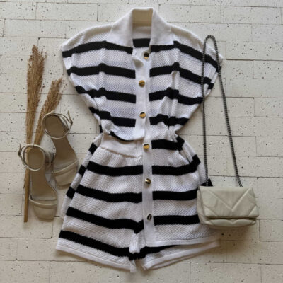 Dondoca_com_br Conjunto Trico Listrado Blusa Alongada E Short Off