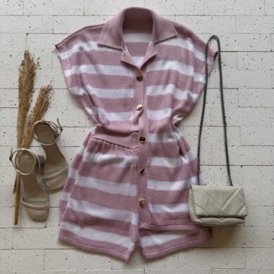 Dondoca_com_br Conjunto Trico Listrado Blusa Alongada E Short Rose