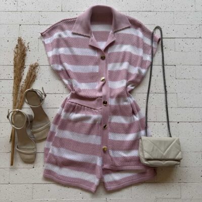Dondoca_com_br Conjunto Trico Listrado Blusa Alongada E Short Rose