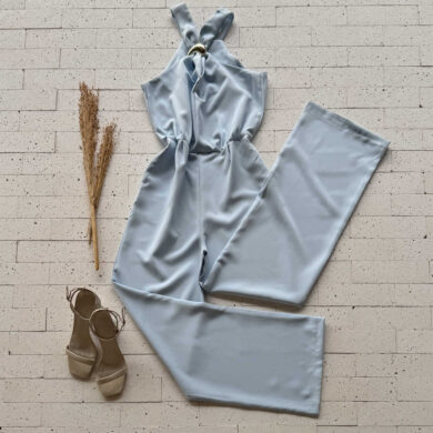 Dondoca_com_br Macacao Alfaiataria Pantalona Detalhe Fivela Gota Azul